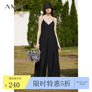 AMII2025夏新款法式度假風(fēng)V領(lǐng)吊帶橡筋綁帶連體褲女休閑黑色褲子 黑色 170/76A/XL