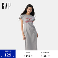 Gap女裝2025夏季新款純棉印花logo收腰抽褶開叉短袖連衣裙764855 淺灰 M (165/84A) 亞洲尺碼