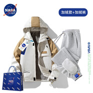 NASALIKE官方外套男秋冬季山系休閑戶(hù)外連帽夾克男女大碼工裝男士沖鋒上衣 卡其色加厚+灰色褲子 加絨 4XL （建議160-180）