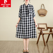 皮爾卡丹（pierre cardin）媽媽休閑寬松棉麻格紋連衣裙女2025夏季新款小個(gè)子中長(zhǎng)款a字裙子 黑白大格 M 建議120斤以內(nèi)