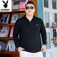 花花公子秋季新款大碼男士翻領(lǐng)長(cháng)袖t恤胖子薄款純棉肥佬加肥加大POLO衫潮 黑色 V款 6XL -250-270斤