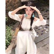 辣妹物語大西北川西新疆草原云南旅游穿搭女裝民族風(fēng)高級感海邊度假連衣裙 杏白色連衣裙+腰帶 S