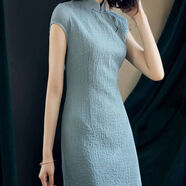 智蕓雁旗袍女夏季復古中國風(fēng)2025新款中長(cháng)款遮肚顯瘦立領(lǐng)中式短袖連衣裙 淺灰藍 有肚子，拍大一碼 XL 建議115-125斤