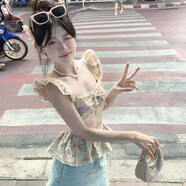 夏蓓朵2025年新款精致T恤女荷葉小飛袖荷葉邊修身顯瘦方口領(lǐng)甜美上衣 圖片色 M (100-110)