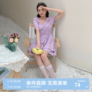 樂町純欲心機雙裙擺連衣裙女夏收腰碎花裙C5FAC3C07 紫色 L
