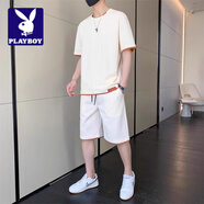 花花公子;PLAYBOY2025年夏季新款套裝男休閑百搭舒適短袖短褲時(shí)尚簡約帥氣搭配一套 813米黃【套裝】 M