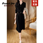 奧絲婕（Aosijie）高端品牌連衣裙女2025春秋新款氣質(zhì)優(yōu)雅減齡顯瘦法式打底襯衫長裙 黑色 L
