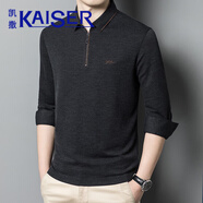 凱撒（KAISER）拉鏈翻領(lǐng)長袖t恤男春秋季潮流刺繡真絲桑蠶絲含山羊絨POLO衫上衣 深灰色 M