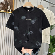 南極人（Nanjiren）美式破洞短袖男夏季痞帥涂鴉刺繡半袖體恤2025新款圓領(lǐng)潮牌t恤男 黑色 M 建議90-110斤內(nèi)
