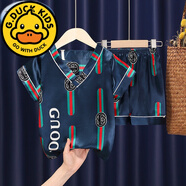 G.duck童裝 兒童睡衣薄款冰絲男童夏季短袖男孩真絲綢夏天寶寶空調家居 V領(lǐng)短袖-酷奇 【16碼】130-140身高70斤內