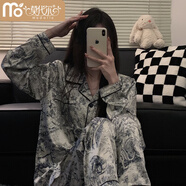 莫代爾冰絲睡衣女款2025新款夏季長(zhǎng)袖仿綢家居服感女士春秋套裝 H5050#水墨畫 XL (120-140斤)