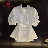 蜜樂(lè )奇法式Polo領(lǐng)條紋短袖襯衫女夏2025新款高級感收腰顯瘦氣質(zhì)裙擺上衣 條紋【襯衫】 S 建議100斤以下