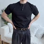 七匹狼（septwolves）全.棉白色正肩亨利領(lǐng)T恤短袖男潮牌夏季高級(jí)感型男穿搭顯肌肉半袖 黑色【品質(zhì)純-棉】 M (建議130-150斤)