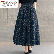 啄木鳥(niǎo)棉麻碎花半身裙女士夏季春夏秋2025年新款高腰百褶垂感大擺中長(cháng)裙 藏青小花 均碼 建議85-158斤