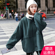 AEMAPE外套女2025春秋冬季新款時(shí)尚短外套女裝羊羔毛加絨加厚工裝 綠色 L _建議115-130斤