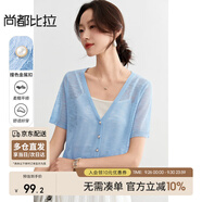 尚都比拉慵懶氛圍奶huhu清爽針織衫女夏季V領(lǐng)短袖開衫上衣 L  藍(lán)色 
