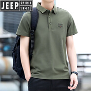 JEEP SPIRIT吉普 男士短袖t恤夏季薄款寬松運動體恤衫翻領(lǐng)透氣休閑polo男衫衣 軍綠色 2XL
