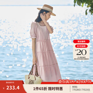 茵曼（INMAN）七七同款連衣裙2025夏女裝新款田園純棉提花方領(lǐng)A字泡泡袖蛋糕裙 皮粉色 L