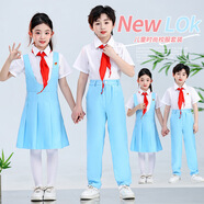 梓嘉福兒童大合唱演出服小學(xué)生詩歌朗誦表演服裝馮琳同款藍(lán)白制服主持 背帶短袖女款五件套 三件套+徽章 120 cm
