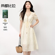 尚都比拉萊賽爾泡泡袖V領(lǐng)繡花連衣裙女夏季波西米亞織帶中長裙度假顯瘦裙