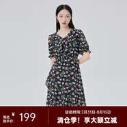艾萊依（ERAL）商場同款連衣裙女泡泡袖花影連衣裙V領(lǐng)設(shè)計感碎花裙子小清新長裙 黑底色花 S 155/80A