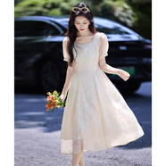 尚靜連衣裙女25年夏新女裝優(yōu)雅氣質(zhì)純色印花方領(lǐng)收腰短袖仙女裙子女