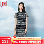 漁（FC SG）漁牌春季2023新款女裝網(wǎng)布橫條紋繡花蕾絲邊中國風(fēng)連衣裙FGFA0056 黑 S