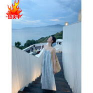 junfangya海邊度假風(fēng)重工提花吊帶連衣裙2025夏季慵懶露背長(zhǎng)裙 藍(lán)色 S