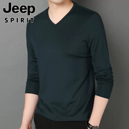 吉普（JEEP）2025長(cháng)袖t恤男春秋季薄款修身休閑百搭中年打底V領(lǐng)體恤內搭上衣服 墨綠色V領(lǐng)長(cháng)袖 S