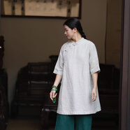 如素慢衣亞麻 中長(zhǎng)款斜襟連衣裙36373 麻色 M  80-115斤