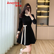 蔻伊婭（Kouyiya）品牌女裝新品赫本風(fēng)小黑裙秋冬2025新款氣質(zhì)復古長(cháng)袖連衣裙女收腰 黑色短款 XL