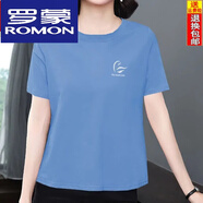 羅蒙（ROMON）2025新款純棉大碼中年媽媽40到50歲女士短袖T恤寬松遮肚韓版上衣 8002牛仔藍 L 95-115斤