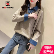 AEMAPE 假兩件毛衣女2025春秋季拼接牛仔布針織衫女寬松上衣 MX-7284_卡其色 M _95-105斤
