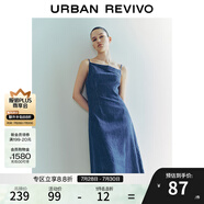 UR夏季新款女裝設計感斜肩領吊帶牛仔連衣裙UWG840191 藍色 M