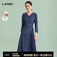 LANDI[商場(chǎng)同款]LANDIV領(lǐng)設(shè)計(jì)感職業(yè)連衣裙女收腰壓褶下擺春夏新品 藏藍(lán)色 S