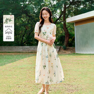 茵曼（INMAN）夏季植物碎花印花全棉女裝圓領(lǐng)連衣裙百搭裙子  杏色-連衣裙  XL