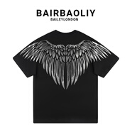 BAIRBAOLIY潮牌天使翅膀短袖嘻哈男裝歐美高街穿搭舒適百搭半袖衫 黑色 M 建議90-120斤