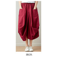 10色入現(xiàn)貨新款純色棉麻半身裙中長款寬松大碼松緊腰燈籠裙女 酒紅色 均碼