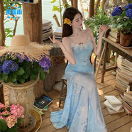 慕瑤雨春日芭蕾度假風(fēng)超仙蕾絲拼接吊帶裙網(wǎng)紗暈染花卉魚(yú)尾裙子絕美純欲 天藍色 S 建議80-90斤