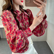 2024秋季新款時(shí)尚設計感小眾碎花上衣氣質(zhì)雪紡襯衣顯瘦燈籠袖襯衫 粉紅色 獨家實(shí)拍 均碼  建議體重80-140斤