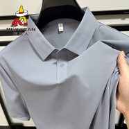 稻草人下擺開(kāi)叉純色冰絲polo衫男短袖夏季透氣網(wǎng)孔涼感翻領(lǐng)t恤高端男裝 淺灰色 M /48