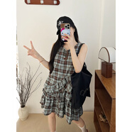 復(fù)古格子無袖連衣裙女夏季新款氣質(zhì)寬松設(shè)計感格紋短款背心連身裙 藍(lán)棕格 XS 均碼