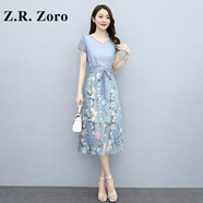 Z.R.Zoro奢侈品雪紡連衣裙女2025夏季新款收腰顯瘦氣質(zhì)裙洋氣減齡碎花裙女 藍(lán)色 M
