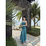 御姐性感辣妹復古藍色無(wú)袖抹胸連衣裙海邊度假氣質(zhì)收腰包臀沙灘裙 藍色 S