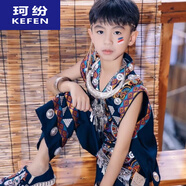 珂紛苗族服裝男兒童旅拍新款夏季攝影古城炫酷侗族特色牛角生童裝短袖 衣服整套(不含配飾) 110 均碼