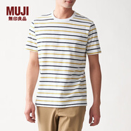 無印良品 MUJI 男式 印度棉天竺編織 條紋短袖T恤 暗黃色X橫條 L