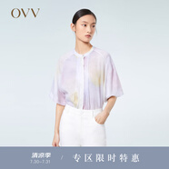 OVV2023春夏新款女裝清涼透氣渲染溫柔印花插肩袖短袖休閑襯衫 淺紫花紋09 M