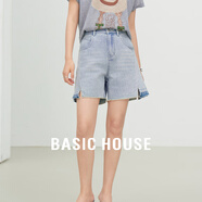 Basic House/百家好復古水洗牛仔短褲高腰小開(kāi)叉直筒褲子夏季新款 牛仔藍 M