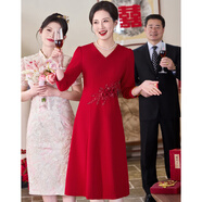 帕絲特媽媽裝婚慶立體花朵釘珠宴會(huì )喜慶V領(lǐng)喜婆婆優(yōu)雅連衣裙 紅色 2XL
