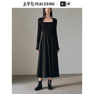 太平鳥女裝連衣裙【京東獨(dú)享】優(yōu)雅拼接質(zhì)感長裙長袖 黑色1 L